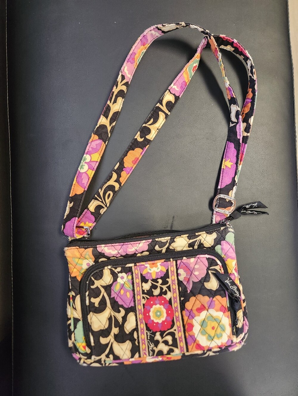 Quilted Floral Crossbody Bag - Black & Pink